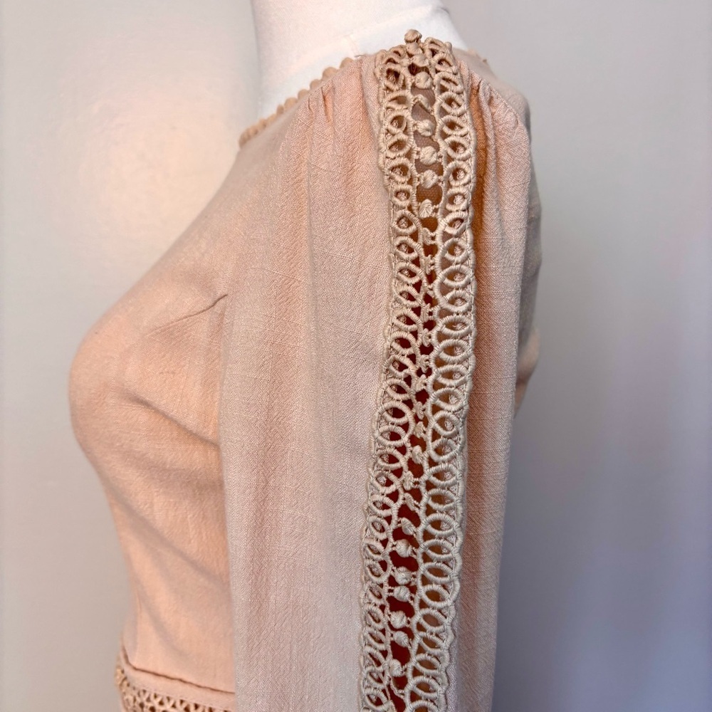 Saints and Secrets Flare Linen Embroidered Flare Cuff Waist Tie Dress Beige Sz S - Picture 8 of 15